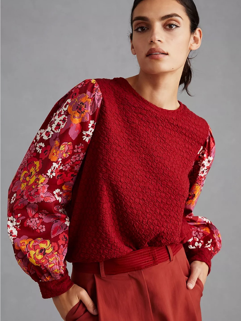 Anthropologie Porridge Textured Sweatshirt Size Large floral balloon sleeve red